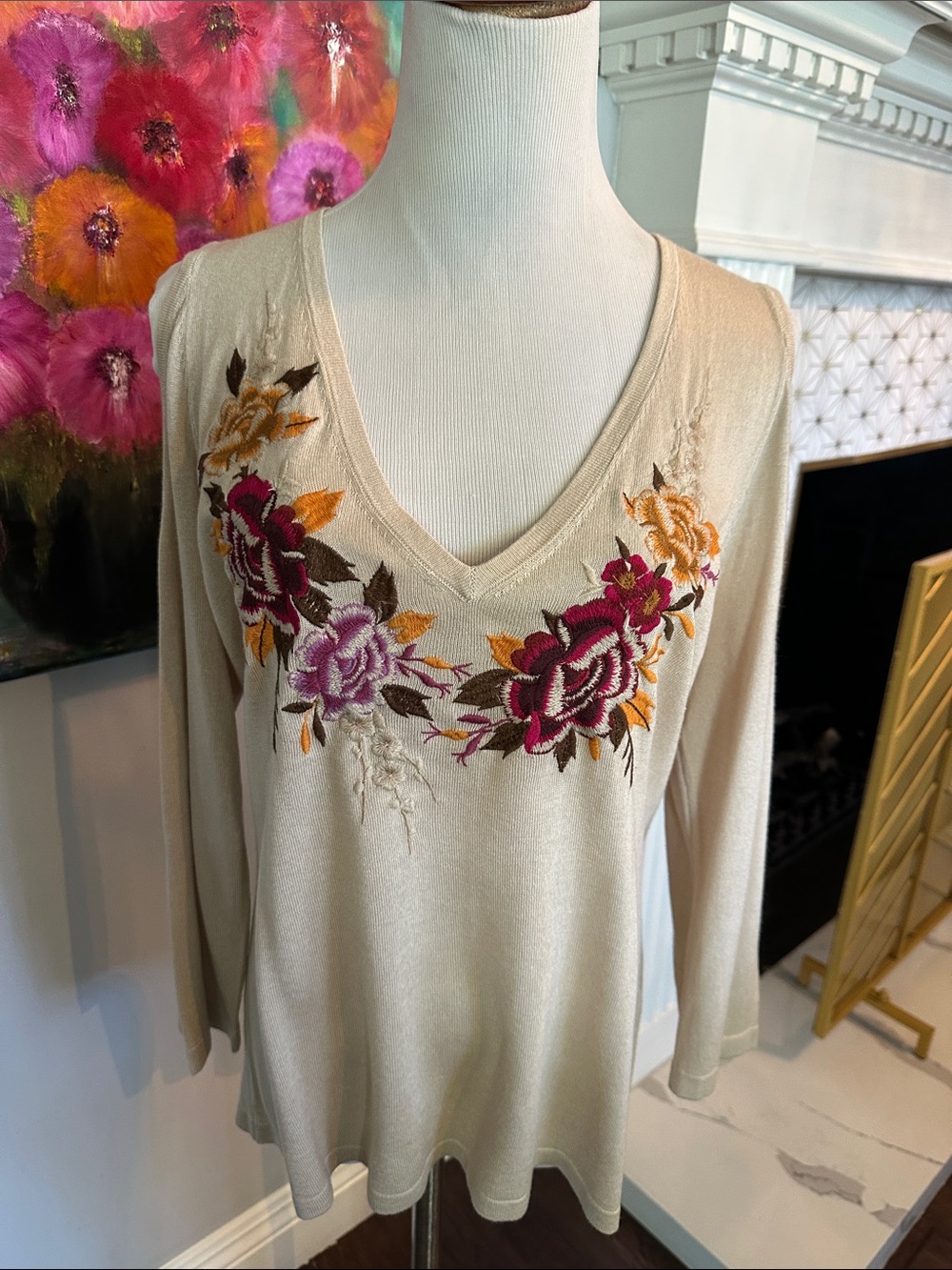 Beige V-Neck Women's Top with Embroidered Floral Detail